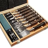 SELFIE CAT 8 Piece Wood Chisel Set for Woodworking Tools Wood Carving Tools with Wooden Case and Sharpening Stones Wood Carving Kit for Beginners and Professionals Black Walnut
