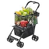 Sedeke Folding Shopping Cart with Wheels, Multi Use Grocery Carts with 360° Wheels & Removable Tote Bag, Multifunctional Portable Personal Shopping Carts for Groceries (Max 80lbs)