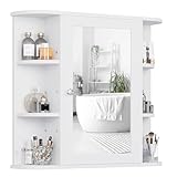 Shintenchi Bathroom Wall Cabinet with Mirror, Wall Mounted Medicine Cabinet with 4 Internal and 6 Open Shelves, Mirrored Door Over The Toilet Storage Cabinet, White