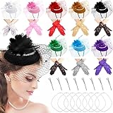 Shinymoon 8 Set Women Fascinators Hats Tea Party Hats Valentine Lace Gloves and Pearl Necklace Set Vintage Veil Cocktail Headpiece for Wedding Church Evening Funeral Accessories
