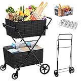 Spurgehom 2-Tier Shopping Cart with Wheels Folding Grocery Cart with Removable Double Baskets 360° Rolling Laundry Cart Compact Pet Stroller Utility Cart for Groceries with Oxford Cloth Liner, Black