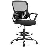Sweetcrispy Home Office Drafting Chair - Ergonomic High Stool Computer with Adjustable Height and Comfy Lumbar Support, Tall Rolling Task for Standing Desk with Fixed Arm and Footrest, Black
