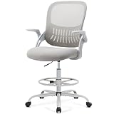 Sweetcrispy Tall Drafting Desk Chair - Ergonomic High Stool Computer with Adjustable Height and Comfy Lumbar Support, Office Rolling Counter with Flip-up Arm and Footrest, Grey