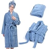 TOCOHO Women Microfiber Coral Fleece Full- Length Bathrobe with Hair Towel Wrap, Soft, Absorbent and Warm (Standard, Haze Blue)