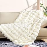 Touchat Luxury 1000GSM Faux Rabbit Fur Throw Blanket, Super Heavy Warm Cozy Beige Cream Blankets for Couch Bed Sofa, Bubble Plush Fuzzy Elegant Soft Reversible Mink Blanket for Living Room Bedroom