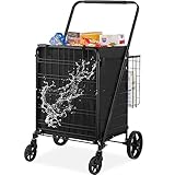 VEVOR Folding Shopping Cart with Removable Waterproof Liner, 330LBS Large Capacity Jumbo Grocery Cart with Dual Basket, 360° Swivel Wheels, Dense Metal Mesh Base, Heavy Duty Utility Cart for Shopping