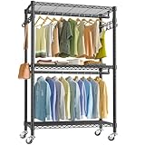 VIPEK R2 Plus Heavy Duty Rolling Garment Rack 3 Tiers Adjustable Wire Shelving Clothes Rack with Double Rods and Side Hooks, Freestanding Wardrobe Storage Rack Metal Clothing Rack, Black