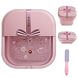 VIVIYA Collapsible Foot Bath Spa with Heat and Massage Rollers, Foldable Foot Soak Tub with Bubbles Jets and LED Light, Pedicure Foot Spa Massager with Foot Scrubber for Home Use (Pink)