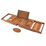 VaeFae Premium Teak Bathtub Tray, Expandable Wooden Bath Tray for Tub, Luxury Bathtub & Bathroom Accessories, Great House Warming, Anniversary & Wedding and Birthday Gifts (Free Teak Body Brush)