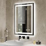 VanPokins LED Bathroom Mirror, 24x32 Inch Black Framed Gradient Front and Backlit LED Mirror for Bathroom, 3 Colors Dimmable CRI>90, IP54 Enhanced Anti-Fog Wall Mounted Lighted Vanity Mirror