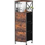 Vestibk 3 Drawers File Cabinet, Vertical Filing Cabinets for Home Office, Drawer with Adjustable Hanging Rail, A4/Letter Size Hanging File Folders, Open Shelf, Mobile Printer Stand, Rustic Brown