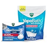 Vicks VapoShower Plus, Shower Bomb Tablets, Soothing Non-Medicated Vapors, 12 Tablets & Vicks VapoBath Bath Crystals, 36 oz Soothing Bath Soaking Solution, Steam Aromatherapy w/Eucalyptus & Menthol