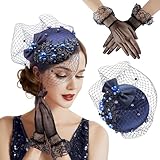 Vijiv Fascinator Hat for Women Tea Party Beaded Pearl Derby Hats and Bowknot Lace Gloves Set for Women 1920s Wedding Pillbox Hat Birdcage Veil Headband Blue