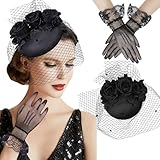 Vijiv Fascinator Hat for Women Tea Party Flower Derby Hats and Short Lace Gloves Set for Women 1920s Wedding Pillbox Hat Birdcage Veil Headband Black
