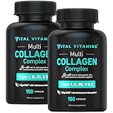 Vital Vitamins Collagen for Women & Men (2 Pack) - Type I, II, III, V, X Multi Collagen Pills - Grass Fed, Non-GMO - 300 Capsules