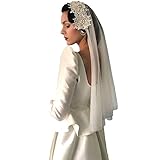 Vos Petits Bonheurs 2 Tier Ivory Wedding Juliet Cap Veil w/Blusher, Elbow Length Vintage Floral Headband Bridal Veil, Classic & Boho Bridal Veil