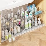 Vtopmart 4 Pack 2 Tier Bathroom Under Sink Organizers and Storage, Clear Kitchen Pantry Organization, Pull Out Medicine Cabinet Organizer with Movable Dividers