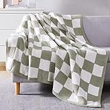 WRENSONGE Checkered Throw Blanket, Sage Green Microfiber Soft Cozy Fluffy Warm Hand Made Throw Blankets for Couch, Sofa, Chair, Bed, Camping, Picnic, Travel Lightweight Bed Blanket - 60"*80"