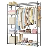 Wardrobe Closet,Portable Clothes Rack with 4 Tiers Shelves,Freestanding Closet Organizers and Storage System with Hanging Rods,Steel Clothing Rack Suitable for Cloakrooms,Bedrooms,Entrances,etc.Black