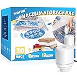 Warmi 30 Pack Vacuum Storage Bags with Electric Air Pump - Vacuum Seal Bags for Clothing Travel - Space Saver Bags for Blanket, Duvets, Pillows, Comforters, Luggage, Home Storage & Organisation