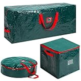 Wesnoy 3 Pack Christmas Tree Storage Bags 4ft, Christmas Wreath Storage Bag and Xmas Ornament Storage Box Waterproof Christmas Storage Containers for Artificial Xmas Tree Garland(Red Green)
