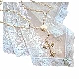 White Iridescent Swirls Wedding Unity Veil with Silver Metallic Floral Trim and White Rose & Pearls Rosary-Like Cord with Silver Rhinestone Pendant Cross for Catholic Filipino or Hispanic Weddings
