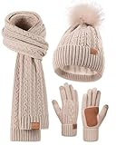 Winter Beanie Hat Scarf Gloves Set for Women, Pom Pom Beanie with Fleece Lined Long Knit Neck Warmer Fingers Touchscreen Gloves, Fashionable Cute Warm 3 in 1 Gift Set for Cold Weather(Oatmeal)