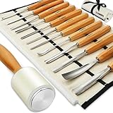 Wood Carving Kit, Wood Carving Tools Set of 12 Chisels and Wood Mallet with Canvas Case Gouges, Wood Whittling Kinves Kit, Wood Carving Knife Set, Woodworking Chisel Set for Beginners, Professionals