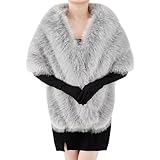 Zhanmai Winter Faux Fur Long Shawl Cloak Stretchy Satin Glove Opera Bridal Dance Gloves for Women Wedding Dress Party Coat(Standard,Gray)