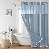 eachope No Hook Boho Farmhouse Shower Curtain with Snap-in Liner Set,Linen Rustic Heavy Duty Striped Fabric Shower Curtain with Tassel,Hotel Style Cloth Shower Curtains for Bathroom,Blue,71x74